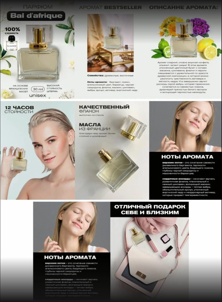 Bal d'Afrique-inspired unisex perfume — product-card set covering fragrance notes, bottle quality and gifting