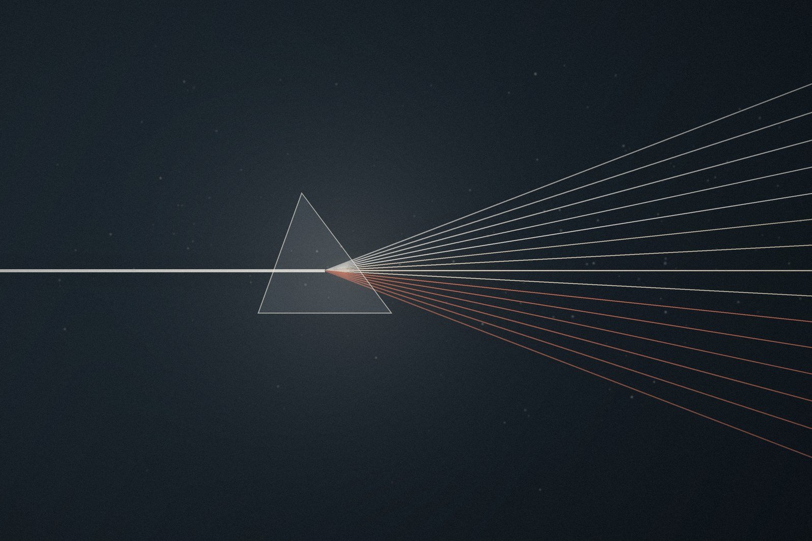 A single beam of light entering a glass prism and leaving as a fan of cream and terracotta rays