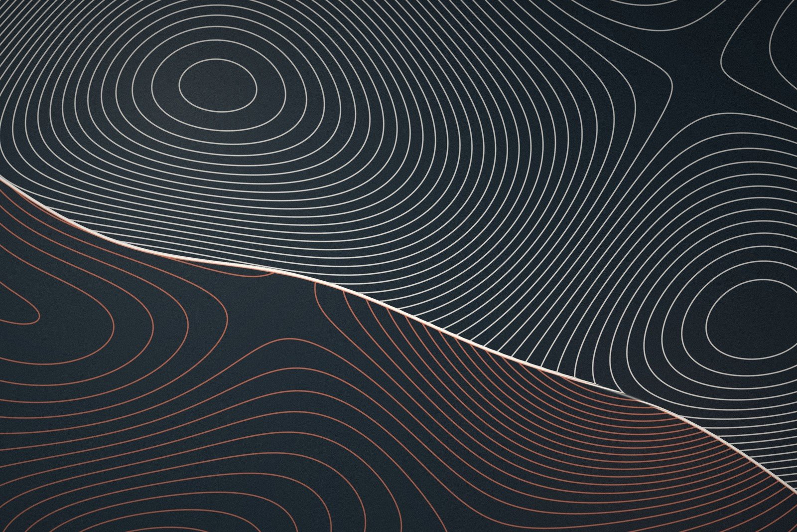 Topographic contour lines in cream and terracotta meeting along a diagonal seam on dark slate