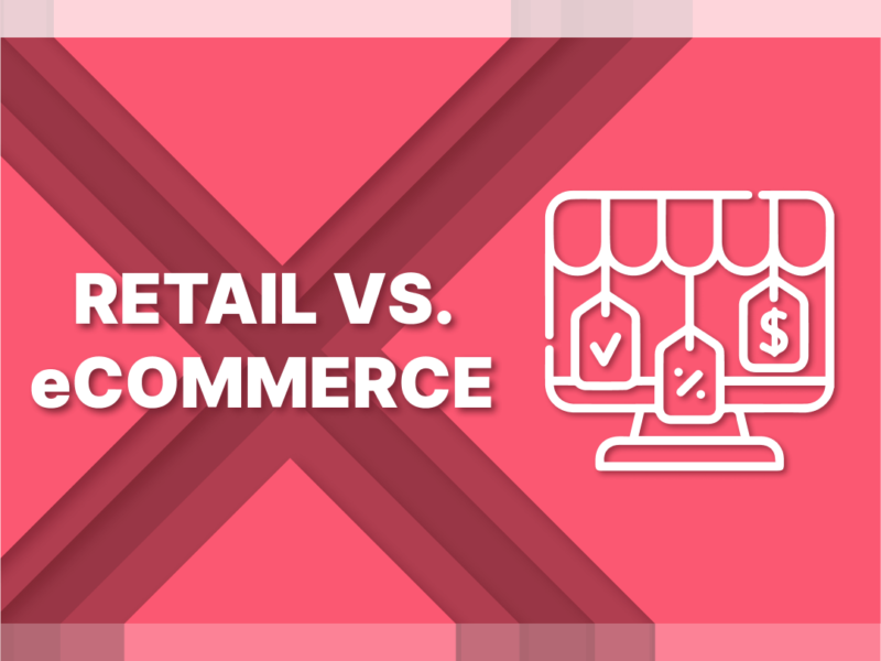 Retail vs. eCommerce illustration: an online storefront icon on a pink background