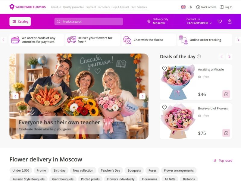 Flower delivery website homepage with bouquets and daily deals