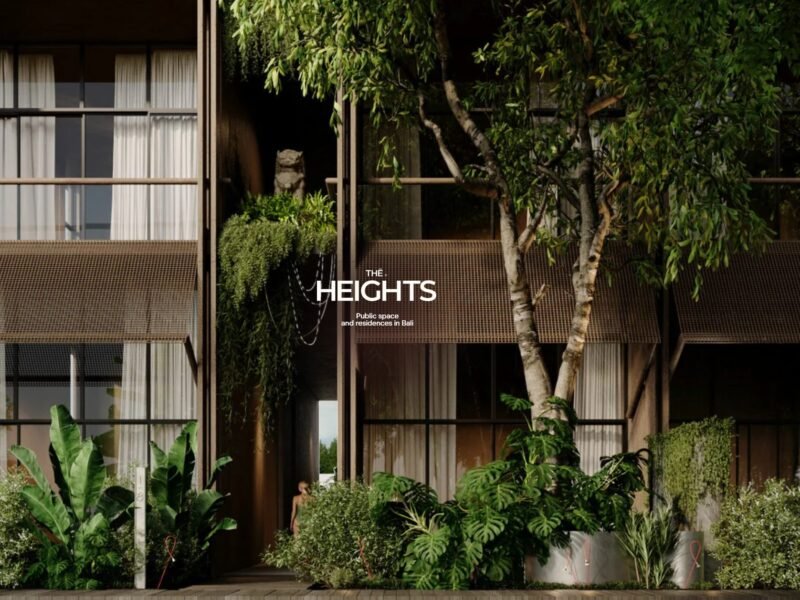 Facade of THE HEIGHTS residences in Bali with tropical greenery